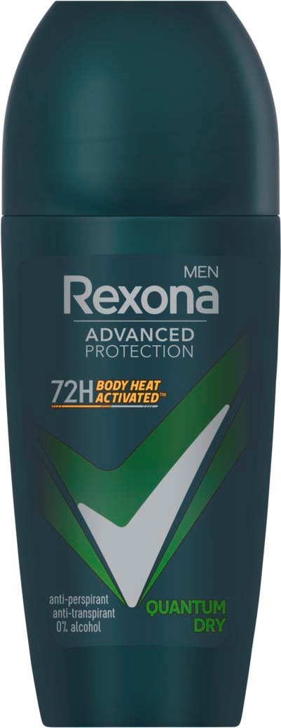 Een donkergroene container van Rexona mannen deodorant met een grote vink en groene accenten.