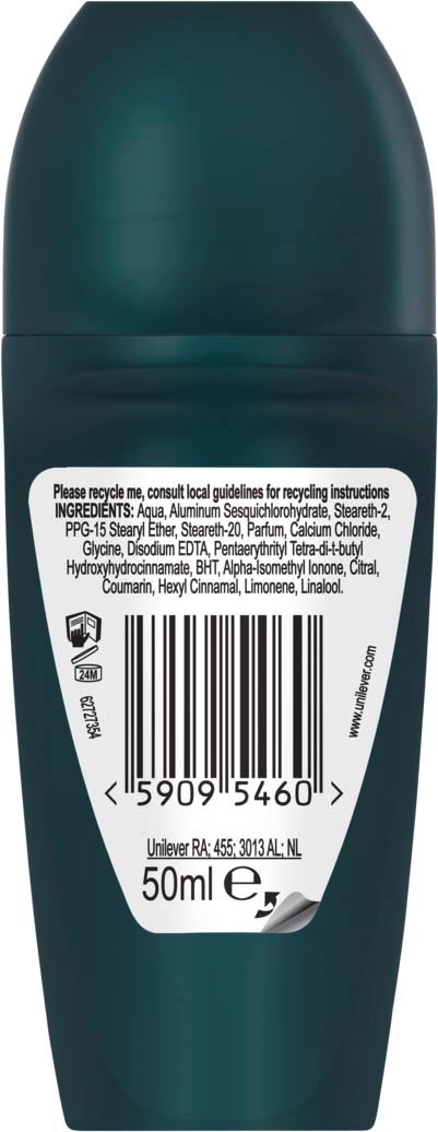 Donkergroene fles met witte label en barcode, bevat 50 ml vloeistof. Instructies en ingrediënten vermeld.