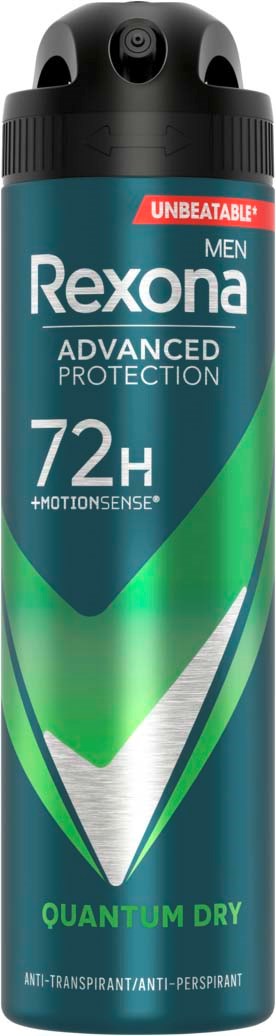 Een lange, blauwe en groene Rexona anti-transpirant sprays met zwarte dop. Biedt 72 uur bescherming.