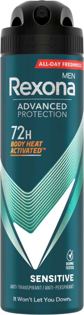 Lange, blauwe en zwarte deodorant spray met tekst die aangeeft dat het 72 uur bescherming biedt voor gevoelige huid.