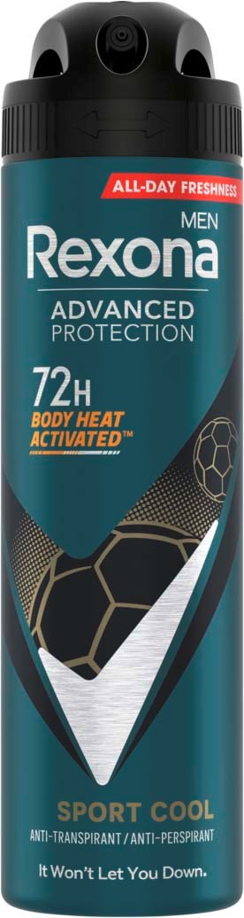 Een spuitbus Rexona deodorant voor mannen met 72 uur bescherming, met blauw en zwart ontwerp.