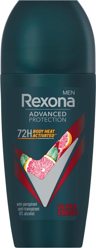 Een donkerblauwe Rexona Men deodorantfles met een rood en roze ontwerp en tekst over 72 uur bescherming.