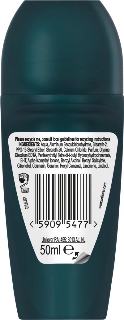 Donkergroene fles met label met streepjecode, ingrediënten en inhoud van 50ml.