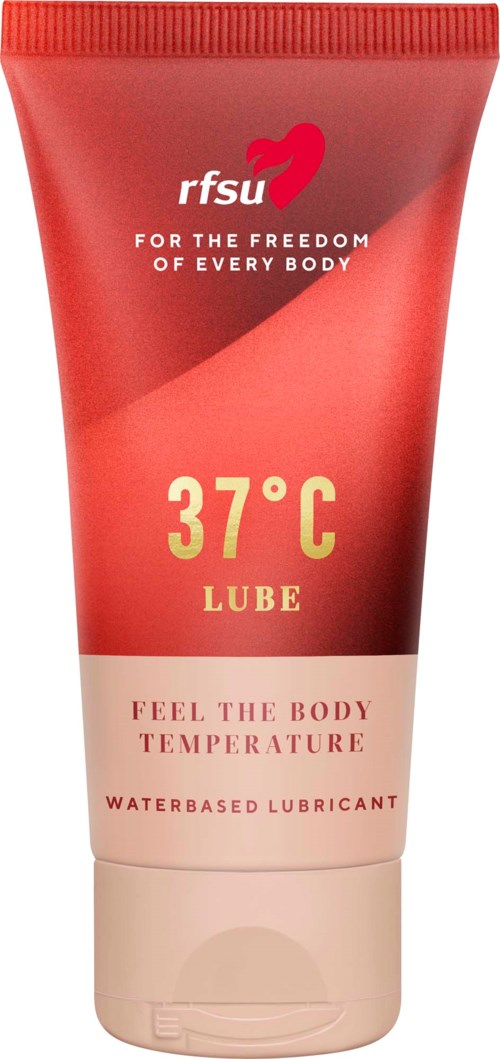 Red tube of water-based lubricant with brand logo, temperature 37°C, and slogan about body temperature.