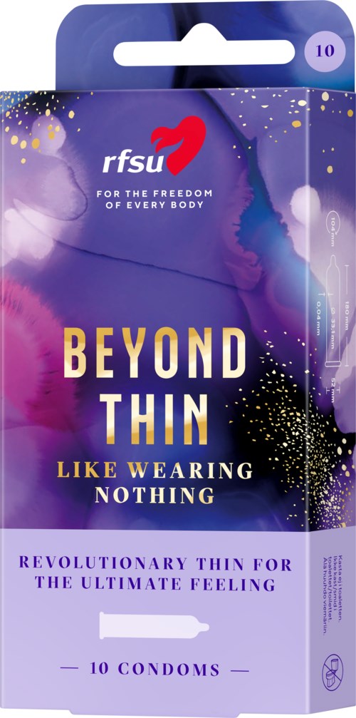 Eine Packung mit 10 Kondomen, genannt 'Beyond Thin' von rfsu, die als revolutionär und sehr dünn beworben werden.