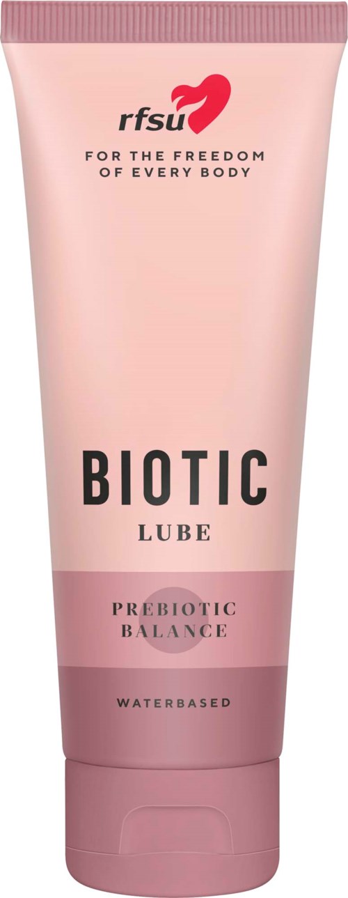 Pink tube of water-based lubricant with text about prebiotic balance and brand logo at top.