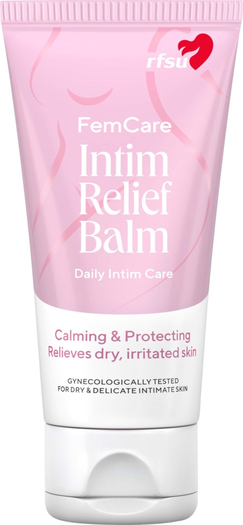 Röhrchen mit FemCare Intim Relief Balm für beruhigende und schützende Eigenschaften bei empfindlicher Haut.