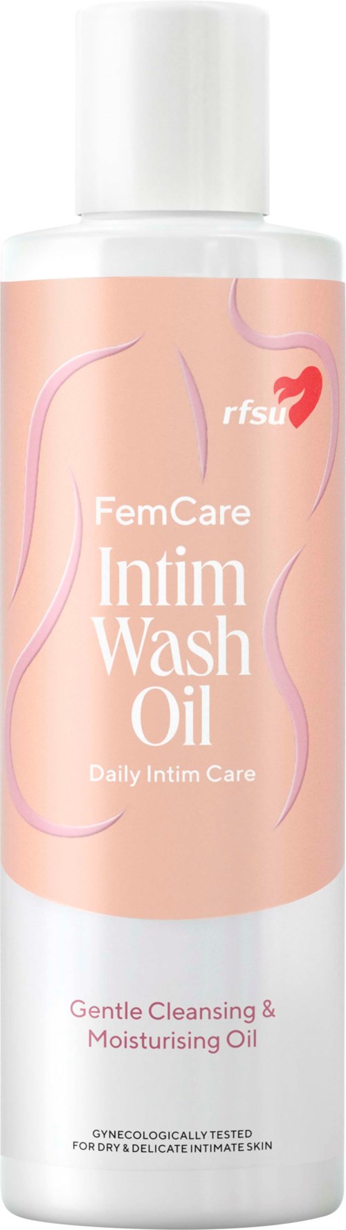 Eine Flasche FemCare Intim Wash Oil für sanfte Reinigung und Feuchtigkeitsversorgung im Intimbereich.