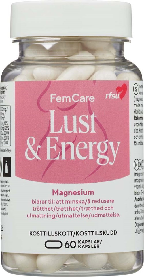 A bottle of magnesium supplements labeled for fatigue and energy, with white pills inside and pink and white text.