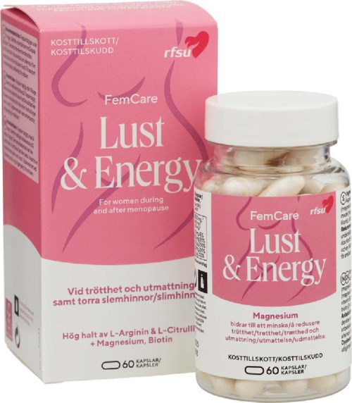 A pink box and bottle contain FemCare Lust & Energy supplements with magnesium, for women during menopause.