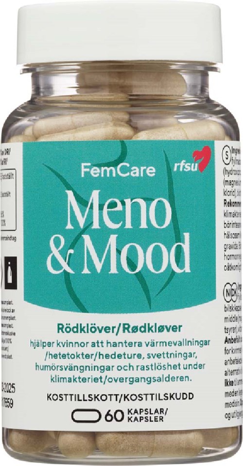 A bottle labeled "Meno & Mood" with Swedish text, designed to help women with menopause symptoms.