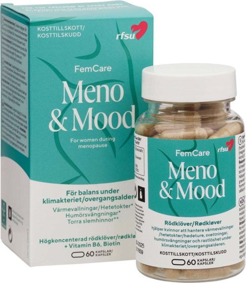 A box and bottle of FemCare Meno & Mood supplements for women, with herbs like red clover, and vitamins, designed for menopause support.