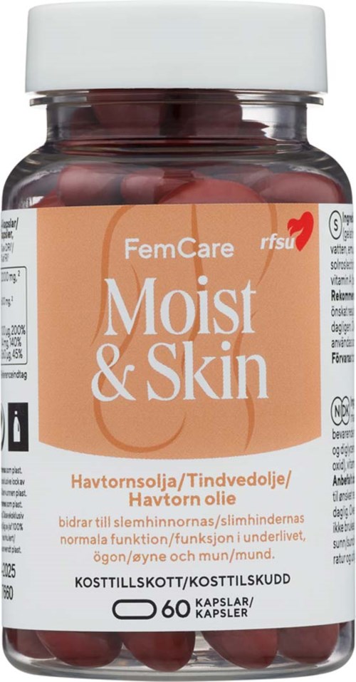 The image shows a bottle of FemCare Moist & Skin capsules, containing 60 pills for skin and skin health.