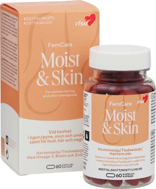 A box and bottle of FemCare Moist & Skin supplements for women, with orange and white packaging, containing 60 capsules.