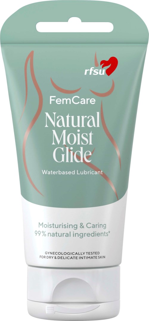 Eine Tube mit wasserbasiertem Gleitmittel, bezeichnet als FemCare Natural Moist Glide, mit 99 % natürlichen Inhaltsstoffen.