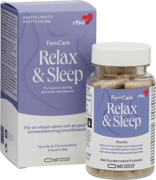 A purple box and bottle labeled Relax & Sleep for women's sleep aid, containing capsules with herbs and vitamins.