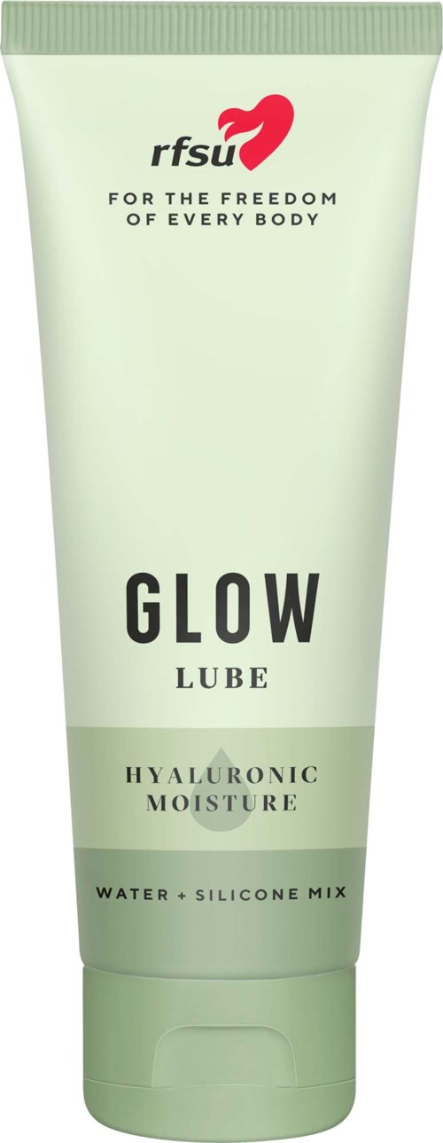 Hellgrüne Tube mit Beschriftung 'GLOW LUBE' und 'Hyaluronic Moisture' sowie 'Water + Silicone Mix'.
