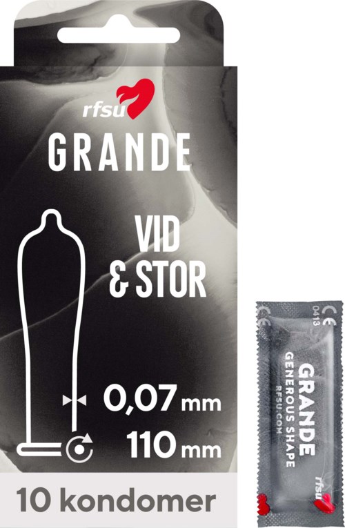 Packaging for large condoms with a diagram showing 0.07 mm thickness and 110 mm length.