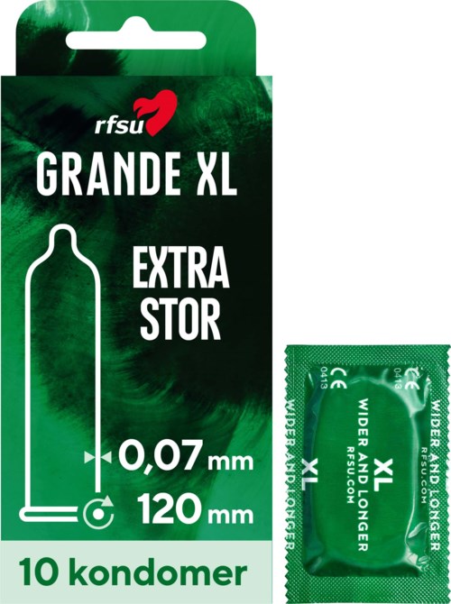 Vihreä kondomipakkaus, jossa valkoinen teksti XXL ekstra suuri, 0,07 mm paksu, 120 mm pitkä ja 10 kondomia.