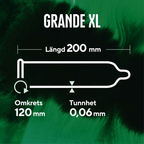 Diagrammi suuresta kondomista, jossa on pituus 200 mm, leveys 120 mm ja Paksuus 0,06 mm.
