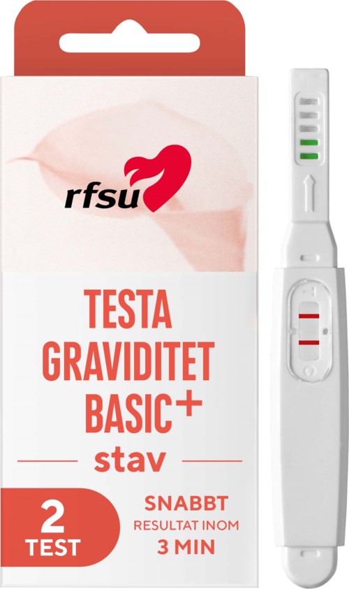 Schwangerschaftstest mit Verpackung, rote und weiße Farben, zeigt positive Ergebnisse mit zwei roten Linien.