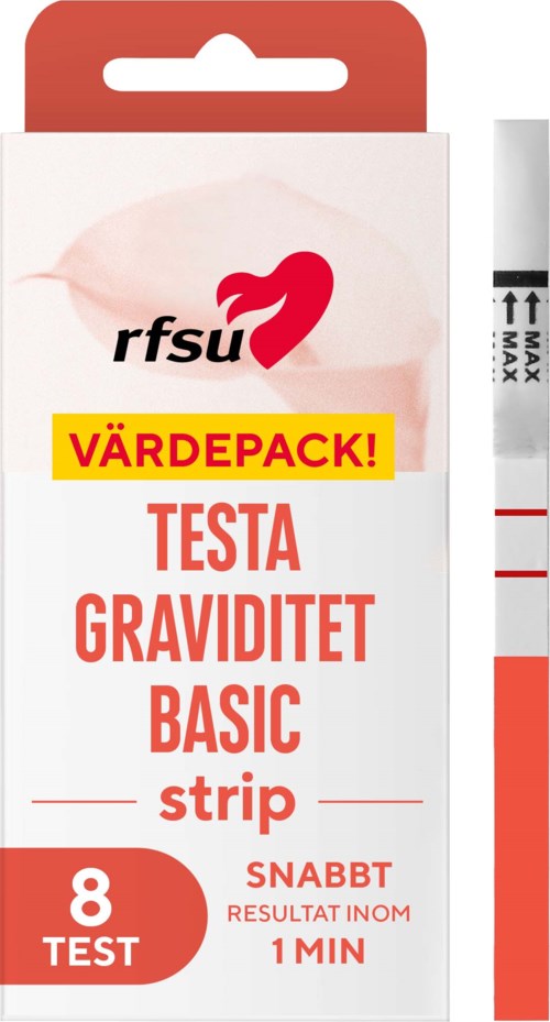 Ett graviditetstestpaket med åtta tester, röd och vit färg, och en liten testremsa synlig på sidan.