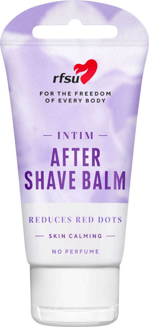 Purple and white tube labeled 'Intim After Shave Balm' with red and black logo at the top.