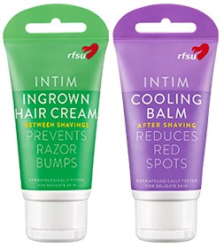 Two tubes of hair products: one is for ingrown hair, the other for cooling after shaving.