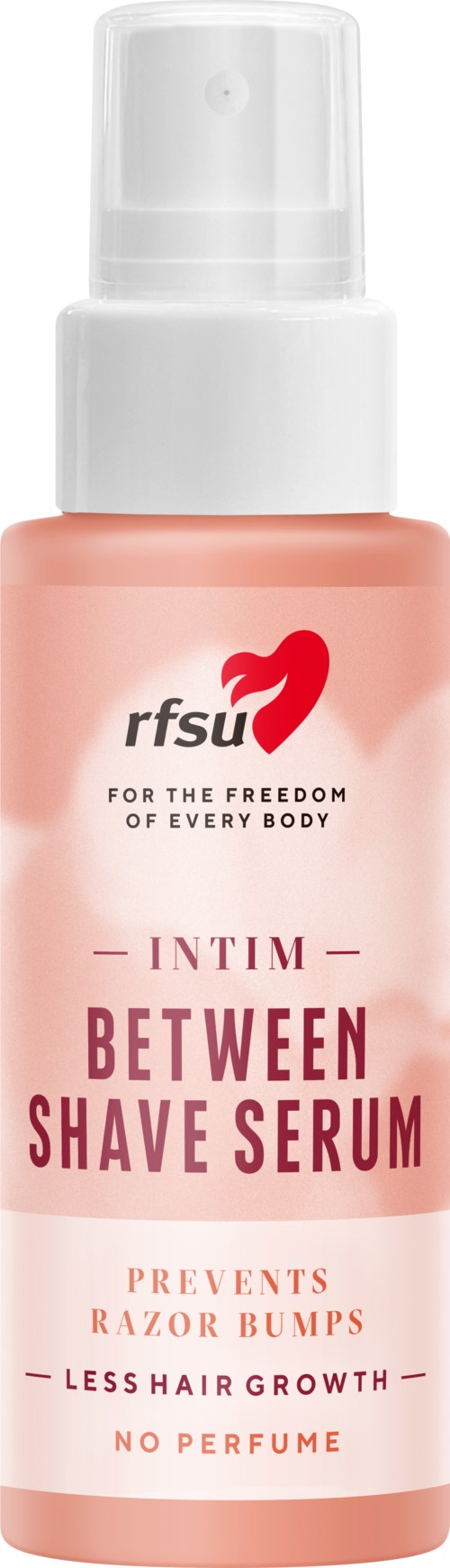 Rosa flaska för kvinnors rakningsserum som förhindrar irriterad hy, minskar hårväxt, utan parfym, med vit pump. Har en röd hjärtlogo.