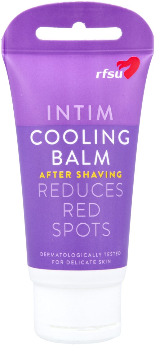 Lila Tube mit kühlendem Balsam für nach dem Rasieren, der Rötungen reduziert. Text zeigt, dass es dermatologisch getestet ist.