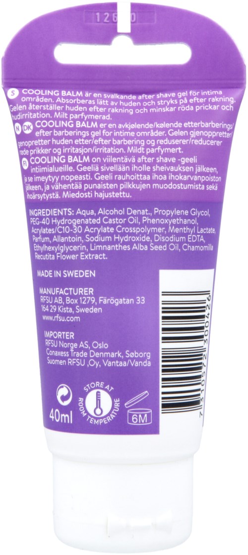 Eine lila Tube Kühlbalsam mit weißem Deckel, enthält Inhaltsstoffe, Anweisungen, Barcode und schwedische Herstellungsdetails.