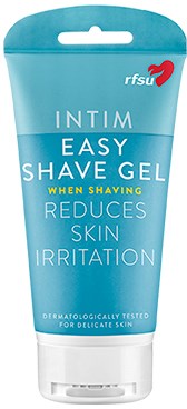 En blå tub med Intim Easy Shave Gel med röd logga, som främjar mindre irritation och jämn rakning.