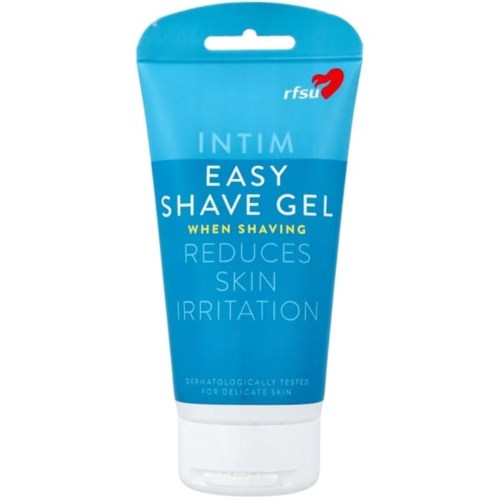 Blå tub med rakgelmärket "INTIM EASY SHAVE GEL" för skonsam användning.