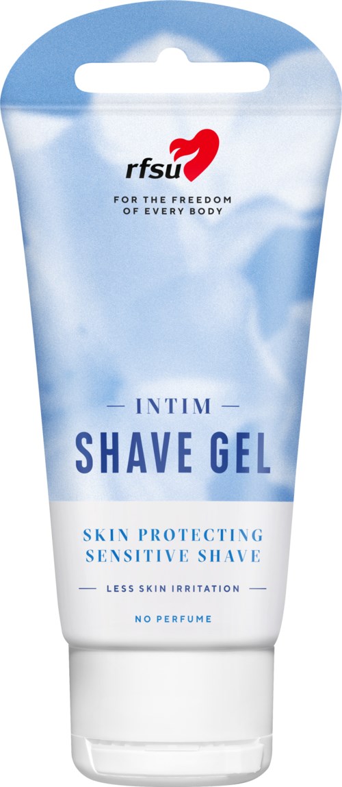 A tube of soothing shave gel designed for sensitive skin, with a blue and white label and a red logo.