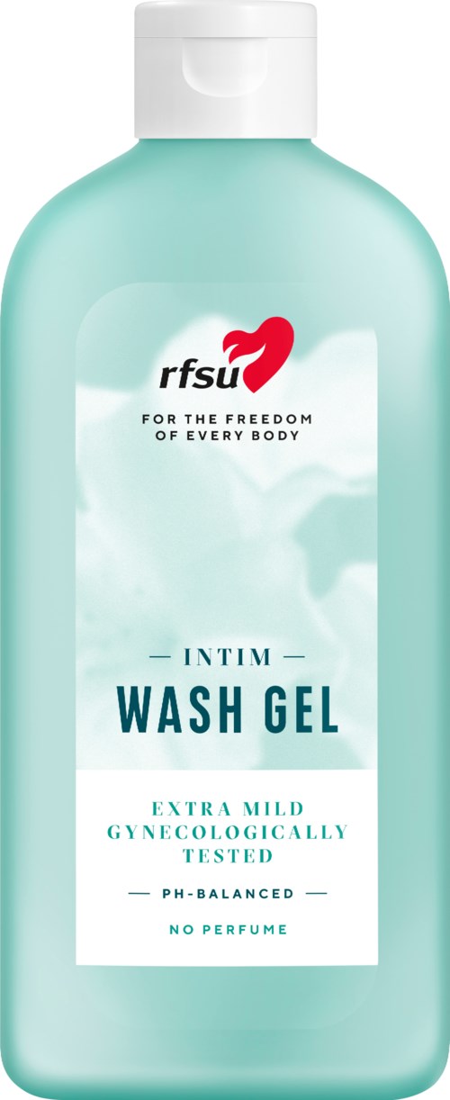 Ljusblå flaska med vit lock, etiketten säger 'Intim Wash Gel', mild och utan parfym, testad för gynekologisk hälsa.