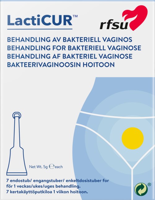 Apothekeverpackung in Blau und Weiß, zeigt Behandlung für bakterielle Vaginose, mit Text und kleiner Illustration.