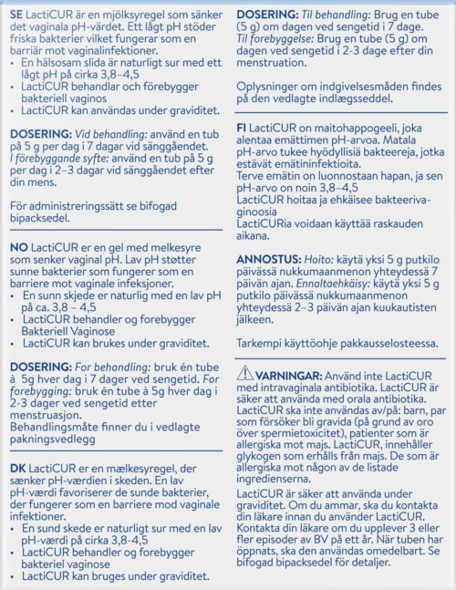Dies ist ein Informationsblatt zu LacticCure, einem Medikament für die vaginale Gesundheit, mit Dosierungsanweisungen und Vorsichtsmaßnahmen.