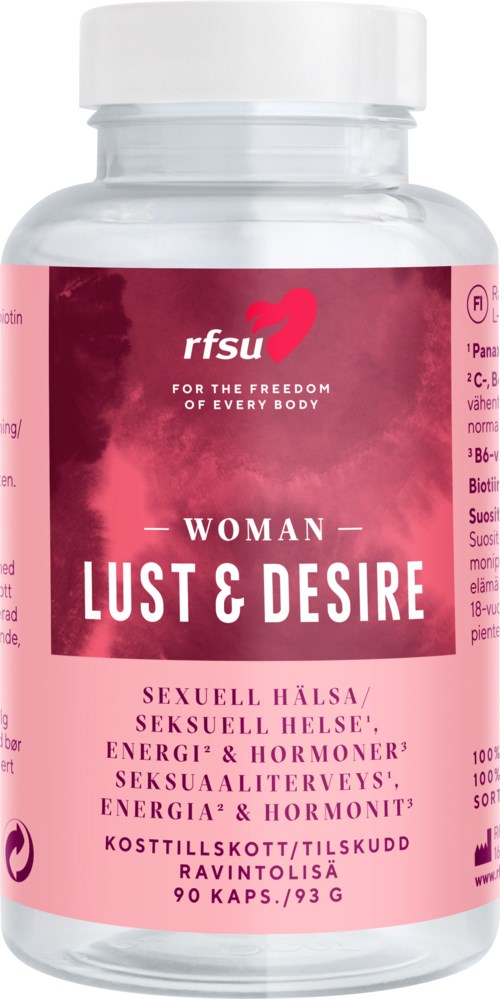A pink and white bottle labeled 'Lust & Desire' for women, with health and energy supplement details in multiple languages.