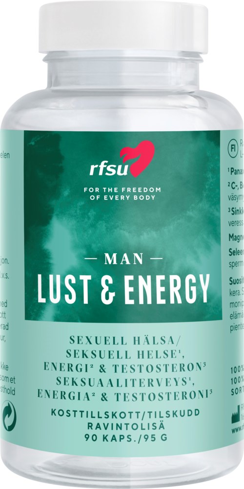 Flasche mit Nahrungsergänzungsmittel 'Lust & Energy' mit grünem und weißem Design, fördert sexuelle Gesundheit und Energie, enthält 90 Kapseln.