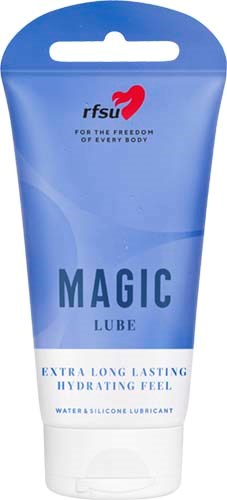 Eine blaue Tube mit Wasser- und Silikon-Gleitmittel namens "Magic Lube" mit Marke rfsu und Text über Hydratation.