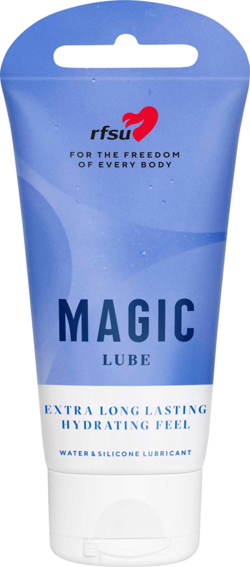 Een blauwe en witte tube gelabeld "Magic Lube" voor langdurig, hydraterend gevoel met water- en siliconen lubricanten.