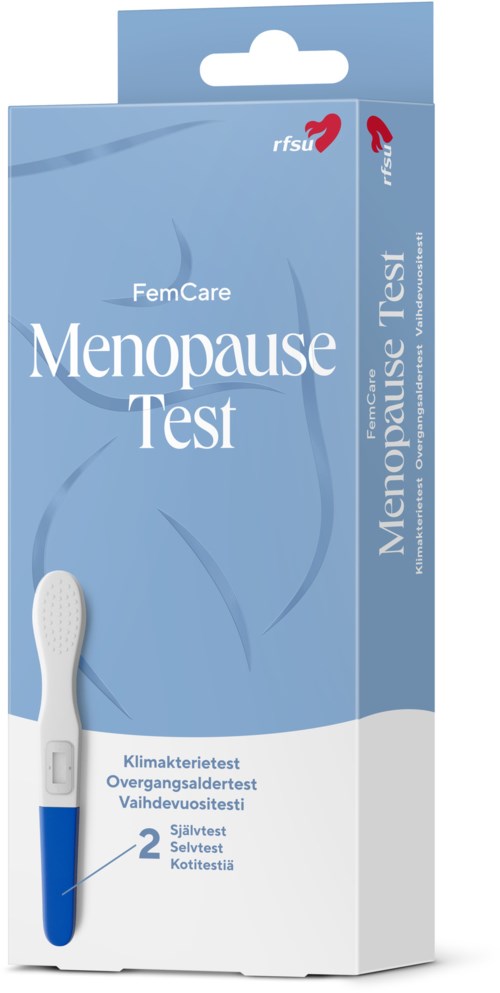 Eine Packung mit einem Menopause-Test und einem Testgerät darin, auf Finnisch gekennzeichnet, als Menopause-Test.