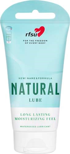 A light blue tube with a white cap, labeled 'Natural Lube' for moisturizing, water-based lubricant, by RFSU.