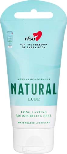 A pale blue tube labeled RFSU Natural Lube with a red heart logo and text about moisturizing and water-based.