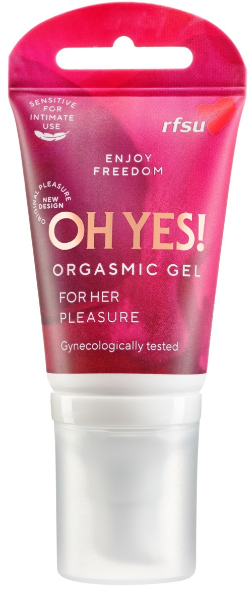 Eine pinke Tube mit "OH YES! ORGASMIC GEL" für Vergnügen, mit Text über Empfindlichkeit und Tests.