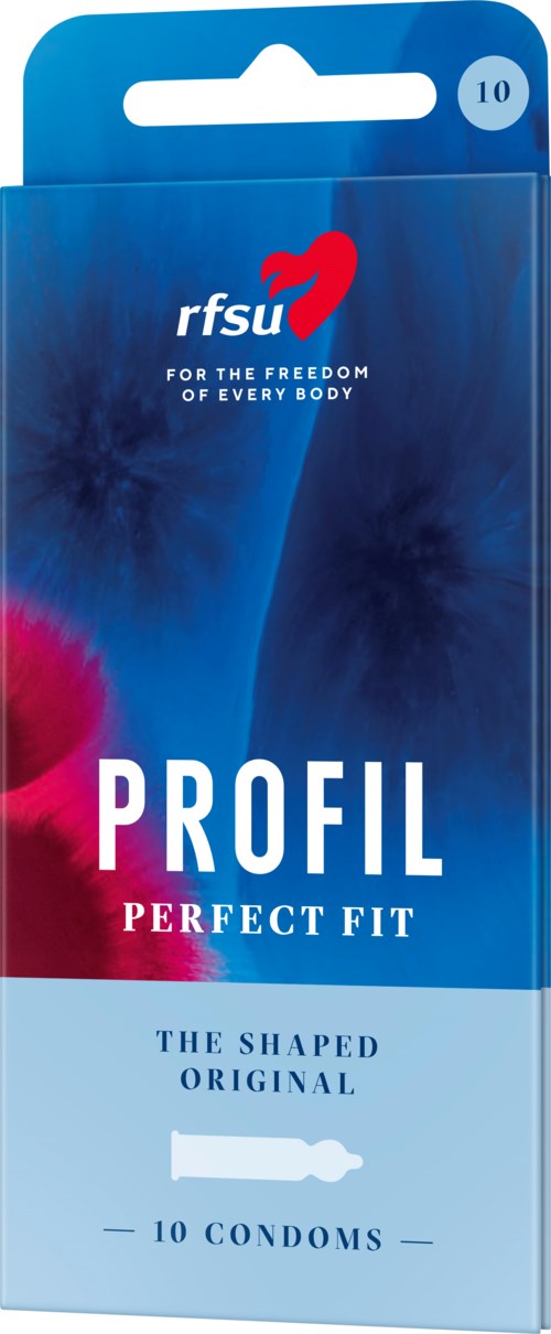 Eine blaue Schachtel enthält 10 Kondome, mit der Bezeichnung 'Profil', oben mit einem roten und weißen Logo.