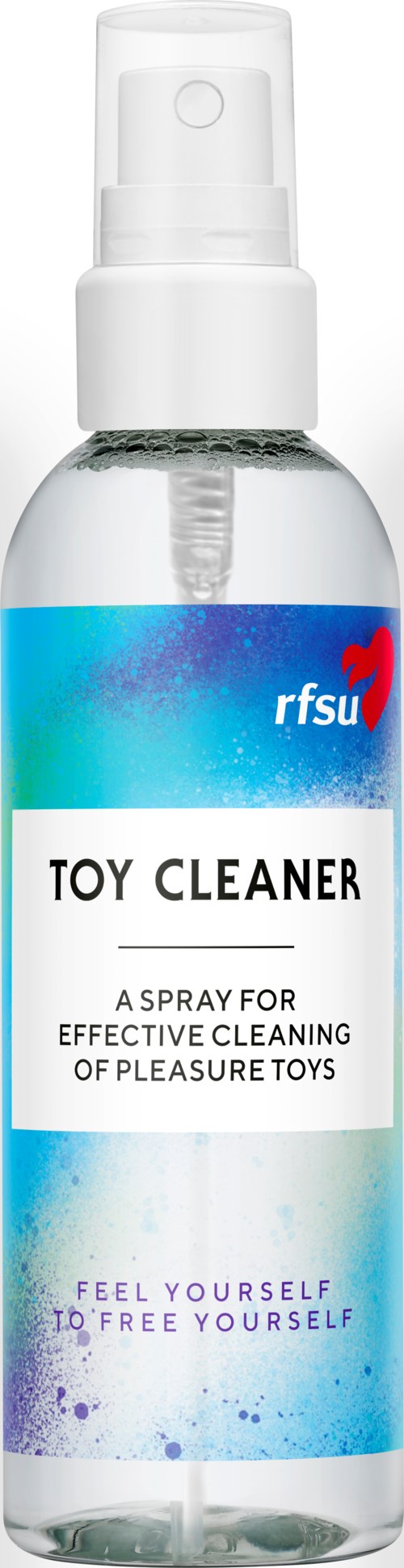Transparente Sprühflasche mit 'Toy Cleaner'-Aufschrift für die Reinigung von Lustspielzeugen, mit blauen und lila Designelementen.