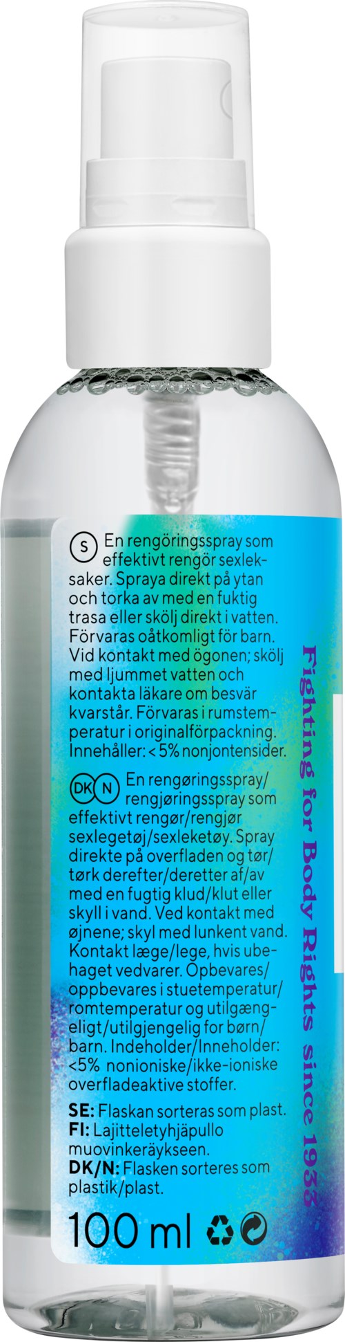Eine klare Sprühflasche mit weißem Deckel, enthält Reinigungs- oder Desinfektionsmittel.