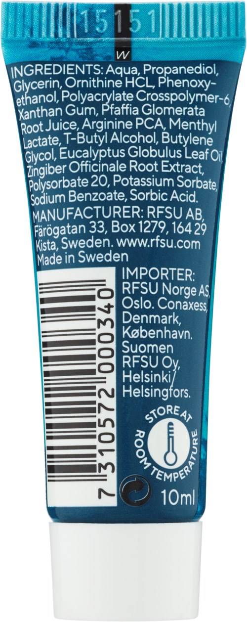 En liten tub med ingredienser, tillverkaruppgifter, streckkod och temperaturikon som visar att det är en hudvårds- eller kosmetikprodukt.