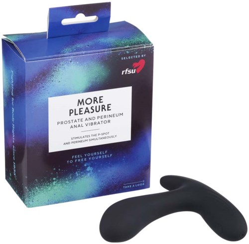 Eine Box mit Blau- und Grüntönen und einem schwarzen gekrümmten Vibrator außerhalb der Box.
